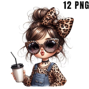 Girl with leopard print bow Clipart, High Quality PNGs, Coffee png, Cute girl clipart, Watercolor, Card Making, Journaling, Digital Download