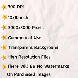 May include: A list of features for digital images, including 300 DPI, 10x10 inches, 3000x3000 pixels, commercial use, transparent background, high resolution files, and no watermarks on purchased images.