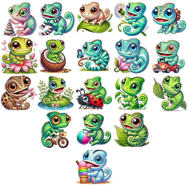 May include: A collection of 18 cartoon chameleon illustrations. The chameleons are depicted in various poses and activities, including riding a bicycle, playing with a ball, and eating ice cream. The illustrations are colorful and whimsical, with bright green, blue, and red colors.