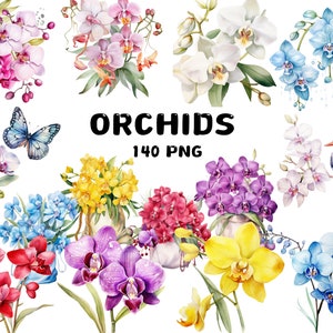 140 cliparts d'orchidées aquarelles, fleur de printemps, bouquet de fleurs, fleur rose, violette, illustrations, téléchargement immédiat pour un usage commercial