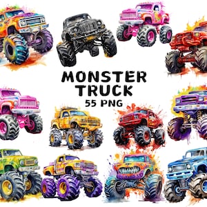 55 Aquarell Monstertruck Clipart, extremer Geländewagen Clipart, LKW, Illustrationen, Sofort-Download für kommerzielle Nutzung