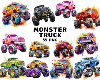 55 Watercolor Monster Truck Clipart , Extreme Offroad Vehicle Clipart, Truck, Illustrations , Instant Download for Commercial Use