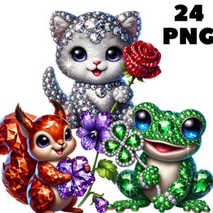 24 PNG Diamond Floral Animals Clipart, Safari Animal Clipart, , Lindo paquete de ilustraciones de animales bebés, Descarga instantánea para uso comercial
