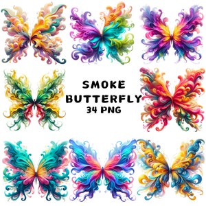 34 PNG Smoke Butterfly Clipart, paquete de imágenes prediseñadas de mariposa de humo vibrante, arte abstracto, ilustraciones, descarga instantánea para uso comercial
