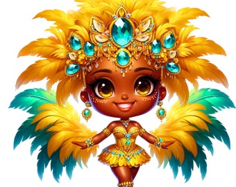 Clipart de chica chibi brasileña, disfraz de carnaval de Río y plumas de samba, paquete, fondo transparente, pegatinas, sublimación, uso comercial