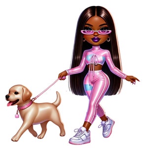 27 PNG Chibi vrouwen en honden clipart, chibi meisje clipart, afro meisje clipart, zwarte meid, illustraties, Instant Download voor commercieel gebruik