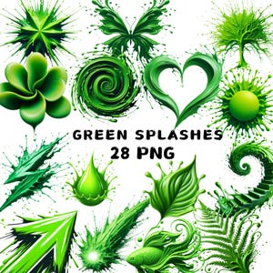 May include: A collection of 28 green paint splashes in various shapes, including a butterfly, a heart, a swirl, a star, a flower, a tree, a drop, a leaf, an arrow, a comet, a fish, and a fern.  The text "GREEN SPLASHES 28 PNG" is in the center of the image.