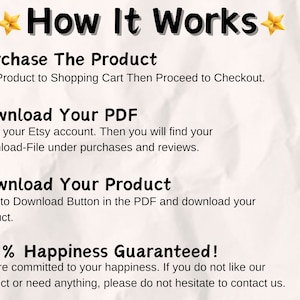 May include: A white background with black text explaining how to purchase and download a digital product from Etsy. The text includes the words "How It Works", "Purchase The Product", "Download Your PDF", "Download Your Product", and "100% Happiness Guaranteed!"