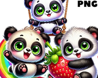 May include: Three adorable cartoon panda bears with big eyes and black and white fur. One panda is on a rainbow, one is holding a red strawberry, and one is on a swing.