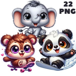 22 cliparts animaux de snowboard PNG, clipart animaux, animaux doux, bébés animaux mignons, illustrations, téléchargement immédiat pour un usage commercial