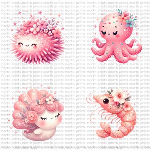 K&ouml;nnte beinhalten: Vier rosafarbene und wei&szlig;e Cartoon-Meerestiere mit Glitzerakzenten und Blumenkronen. Die Kreaturen sind ein Seeigel, ein Oktopus, eine Muschel und eine Garnele.