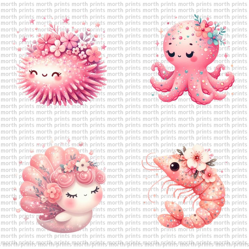 K&ouml;nnte beinhalten: Vier rosafarbene und wei&szlig;e Cartoon-Meerestiere mit Glitzerakzenten und Blumenkronen. Die Kreaturen sind ein Seeigel, ein Oktopus, eine Muschel und eine Garnele.
