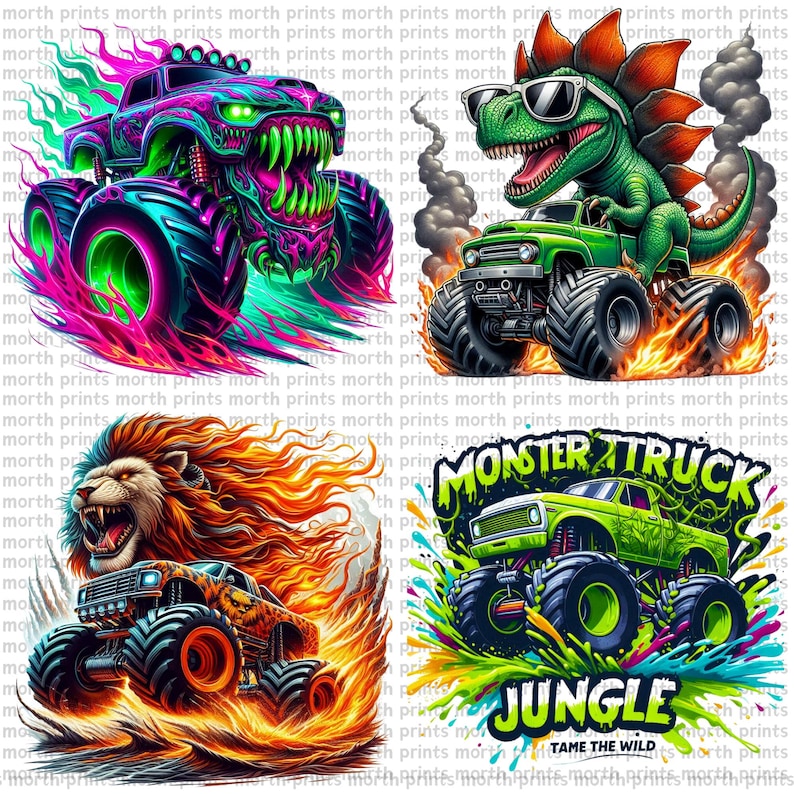 May include: Four monster truck designs with different themes. The first truck is purple, green, and black with glowing green eyes and fangs. The second truck is green with a dinosaur driver wearing sunglasses. The third truck is orange and black with a lion driver. The fourth truck is green with the words "Monster Truck" and "Jungle Tame the Wild".