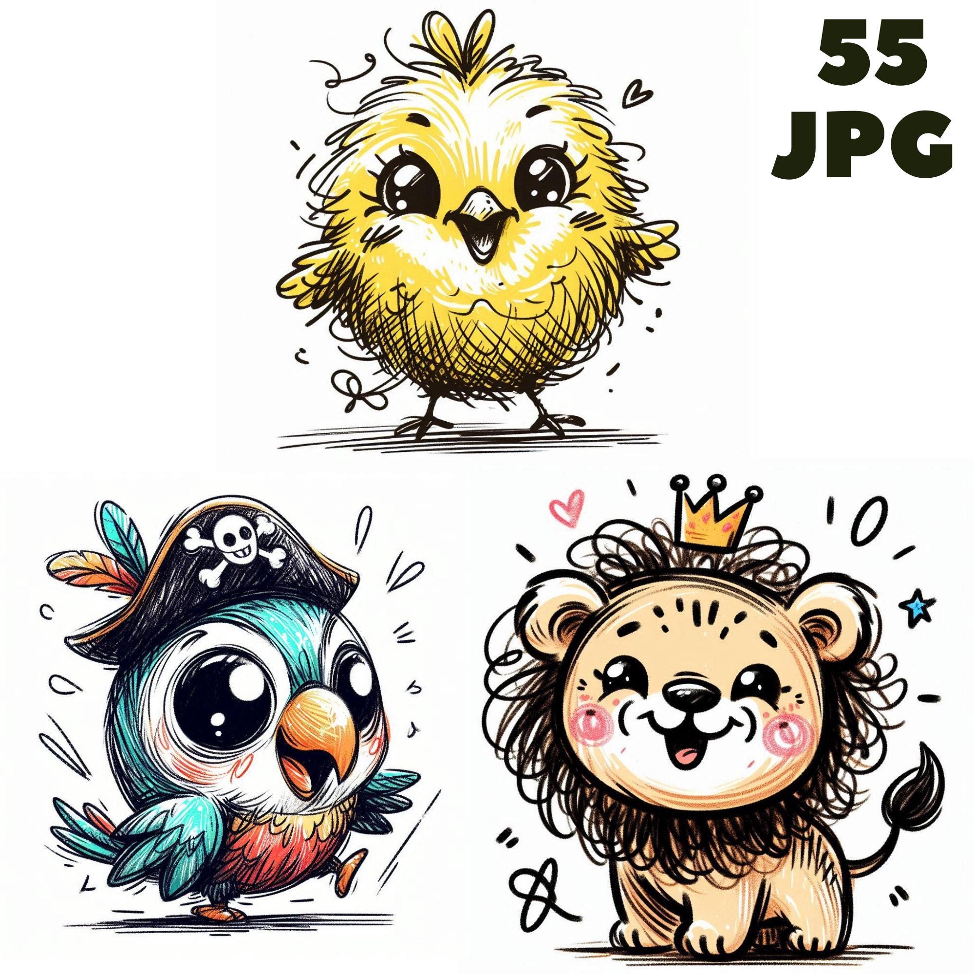 55 JPG Funny Animals Clipart , Cute animals, Watercolor animals, Dog, Cat, Illustrations , Instant Download for Commercial Use