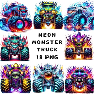 Neon Monster Truck Clipart: Extreme Offroad Vehicle Illustrations (18 PNG, Instant Download)
