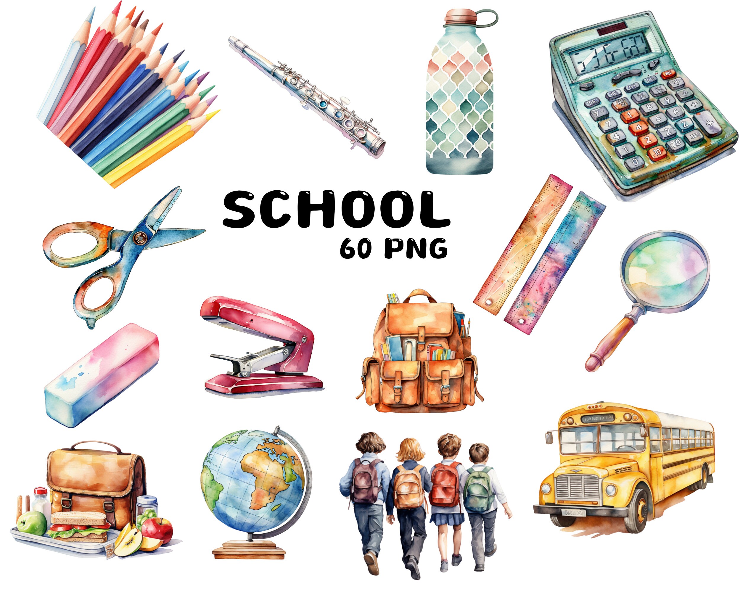 60 Watercolor School Clipart , School bus, Backpack, Pencil, Notebook, eraser,scissor,  Illustrations , Instant Download for Commercial Use