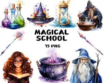 Magical School Clipart, Wizarding Items PNG for Kids Crafts and Party Invites, Cute Books Wands Potions Owl Castle Graphics, Commercial Use