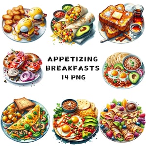 14 PNG Appetizing Breakfast Clipart , Food Clipart, egg, Tea, Illustrations , Instant Download for Commercial Use