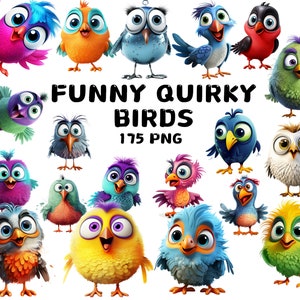 175 cliparts drôles et mignons d'oiseaux, fantaisie, oiseaux drôles, visages d'oiseaux de dessin animé allongés, illustrations, téléchargement immédiat pour un usage commercial