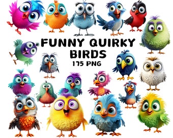 Funny Cartoon Birds Clipart: Whimsical PNG Illustrations (Instant Download)
