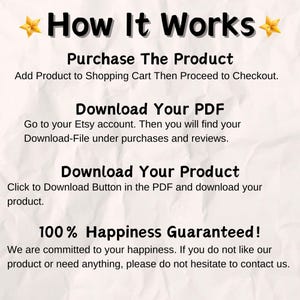 May include: How It Works: A white background with black text explaining the steps to purchase and download a digital product from Etsy. The text includes "Purchase The Product", "Download Your PDF", "Download Your Product", and "100% Happiness Guaranteed!"