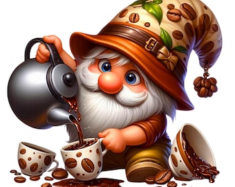 Koffiekabouter clipart png bundel, barista kabouters met kopjes en bonen, 33 png, transparante achtergrond, stickers, sublimatie, commercieel gebruik