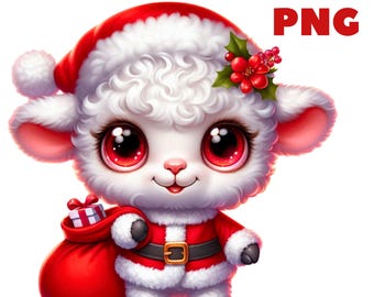 Clipart z barankiem świątecznym w formacie PNG, urocze owce świąteczne z szalikami i prezentami, 38 PNG, przezroczyste tło, naklejki, sublimacja, do użytku komercyjnego