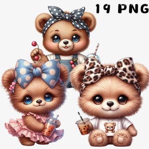 Clipart carino orsetto di peluche, Clipart fiocco con stampa leopardata, Orso carino, Amore del caffè, PNG del caffè, Animali del caffè, Orsetto, Clipart orsetto del caffè