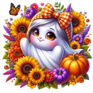 May include: A cute cartoon ghost wearing a red and white checkered bow, surrounded by fall flowers, a pumpkin, and a butterfly.
