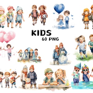 60 Aquarell Kinder Clipart, gemalte Jungen und Mädchen Clipart, glückliche Kinder, süße Kinder, Illustrationen, sofortiger Download für kommerzielle Nutzung