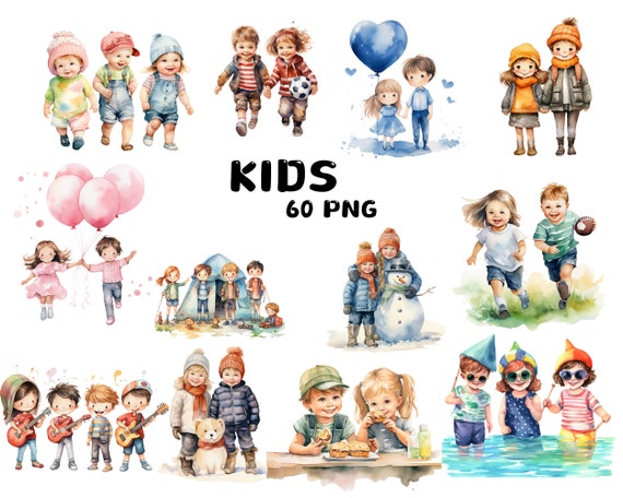 Watercolor Kids Clipart PNG, Boys & Girls, School, Playground, Nursery Kindergarten, Transparent PNG, Stickers, Sublimation, Commercial Use