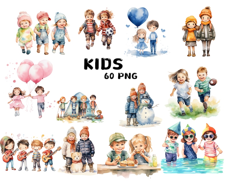 May include: A set of 60 watercolor illustrations of children in various activities, including playing with balloons, holding hands, playing with a soccer ball, building a snowman, playing in the water, and playing with a dog. The illustrations are in a cartoon style and are perfect for use in scrapbooking, card making, and other craft projects.