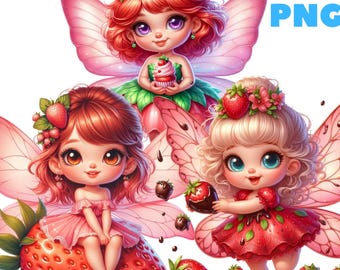 Clipart PNG di fatine della fragola, simpatiche fatine della frutta con bacche e fiori, 21 file, sfondo trasparente, adesivo, sublimazione, uso commerciale