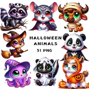 51 PNG Halloween Tiere Clipart, süße Halloween Tiere Clipart, Tier PNG Bundle, Illustrationen, Sofort-Download für kommerzielle Nutzung