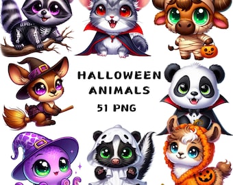 Clipart animaux d'Halloween PNG, chats fantômes mignons chauves-souris citrouilles, effrayant mignon, fond transparent, autocollants, sublimation, usage commercial
