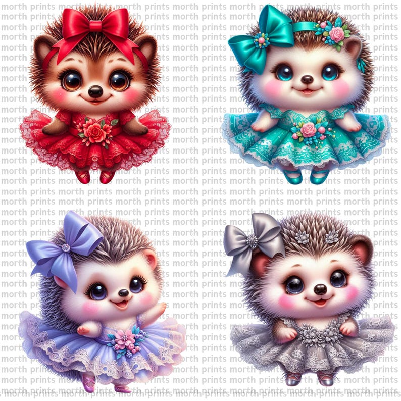 May include: Four cartoon hedgehogs wearing dresses with bows and flowers. The hedgehogs are in different colors: red, blue, green, and gray.