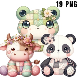 Clipart de animales de patchwork, lindas ilustraciones de animales acolchados, animales lindos, arte floral de peluche, descarga digital