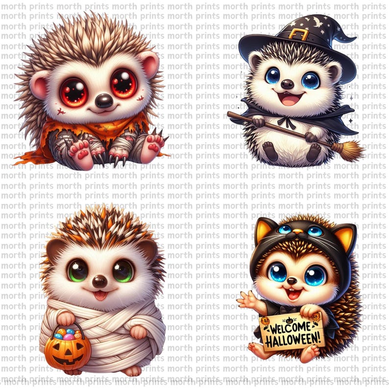 Peut inclure: Quatre h&eacute;rissons de dessin anim&eacute; habill&eacute;s en costumes d'Halloween. Le premier h&eacute;risson est habill&eacute; en zombie avec un costume d&eacute;labr&eacute; brun et orange. Le deuxi&egrave;me h&eacute;risson est habill&eacute; en sorci&egrave;re avec un chapeau noir et un balai. Le troisi&egrave;me h&eacute;risson est habill&eacute; en momie avec des bandages blancs. Le quatri&egrave;me h&eacute;risson est habill&eacute; en chat noir avec un masque noir et une pancarte qui dit "Bienvenue Halloween !"