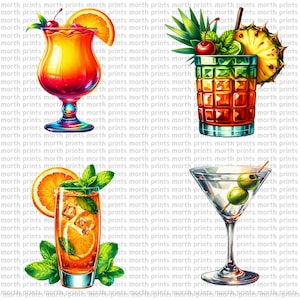 Puede incluir: Tres c&oacute;cteles coloridos diferentes en vasos. El primer vaso es un vaso alto y transparente con una bebida roja, naranja y amarilla. El segundo vaso es un vaso cuadrado corto con una bebida roja, naranja y verde. El tercer vaso es una copa de martini con una bebida clara y aceitunas verdes.