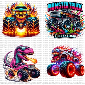 May include: Four digital illustrations of monster trucks. The first truck is blue and black with flames and a scary face. The second truck is black with flames and the text "Monster Truck" and "Rule the Road". The third truck is pink with a dinosaur head and flames. The fourth truck is white with flames and a scary face.