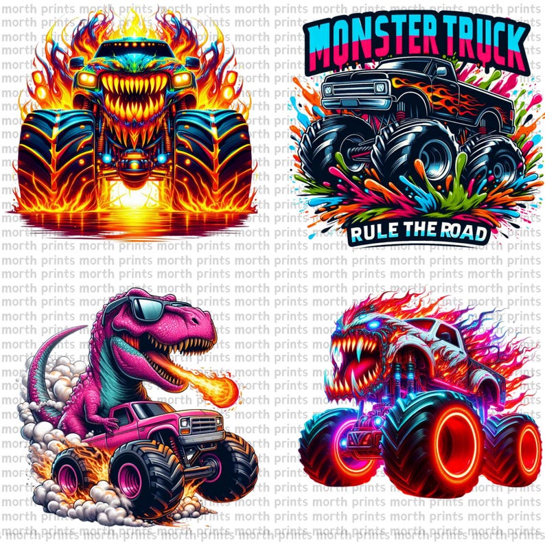 May include: Four digital illustrations of monster trucks. The first truck is blue and black with flames and a scary face. The second truck is black with flames and the text "Monster Truck" and "Rule the Road". The third truck is pink with a dinosaur head and flames. The fourth truck is white with flames and a scary face.