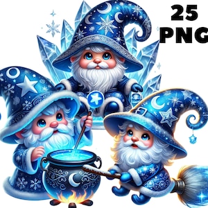 Może przedstawiać: Cyfrowa ilustracja przedstawiająca trzech fantazyjnych gnomów czarodziejów w niebieskich szatach i kapeluszach ozdobionych gwiazdami i księżycami. Jeden gnom miesza w kotle, drugi trzyma różdżkę, a trzeci jedzie na miotle. Obraz zawiera tekst "25 PNG".