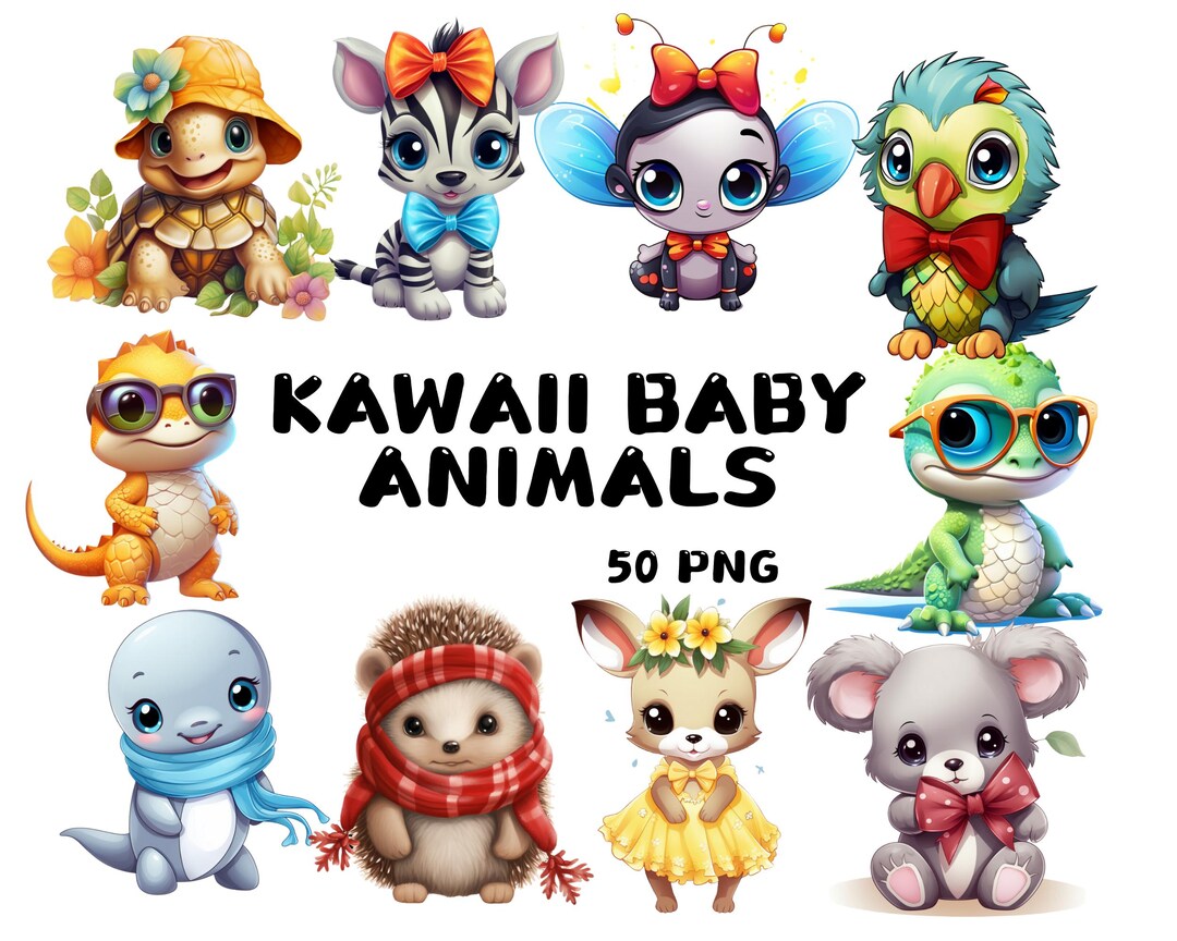 Cute Baby Animals Clipart PNG, Kawaii Baby Animals for Nursery Decor ...