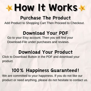May include: A white background with black text explaining how to purchase and download a digital product from Etsy. The text reads "How It Works", "Purchase The Product", "Add Product to Shopping Cart Then Proceed to Checkout", "Download Your PDF", "Go to your Etsy account. Then you will find your Download-File under purchases and reviews", "Download Your Product", "Click to Download Button in the PDF and download your product", "100% Happiness Guaranteed!", "We are committed to your happiness. If you do not like our product or need anything, please do not hesitate to contact us."