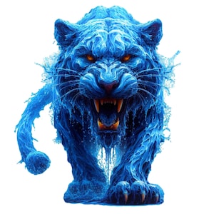 May include: A blue tiger with a fierce expression, rendered in a liquid form, with water droplets and splashes surrounding it.