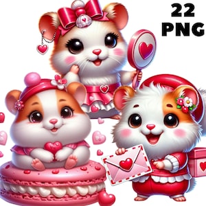 Clipart de hámster de San Valentín PNG: adorables hámsters con corazones, globos, chocolates, cartas de amor y flores para tarjetas, manualidades y descarga instantánea.