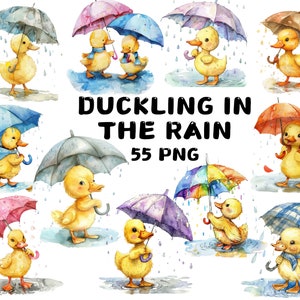 May include: A set of 55 digital illustrations of ducklings wearing raincoats and holding umbrellas. The ducklings are yellow with orange beaks and feet. The umbrellas are various colors and patterns, including red, blue, green, and yellow. The illustrations are in a watercolor style and are perfect for creating cute and whimsical designs.