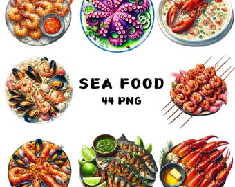 Imágenes prediseñadas de mariscos en acuarela (PNG), langosta, cangrejo, salmón y camarón, 44 PNG, 300 DPI, fondo transparente, pegatinas, sublimación, uso comercial