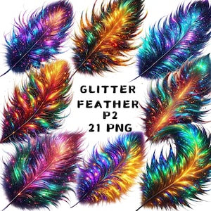 21 PNG, glitter veren clipart, kleurrijke levendige veren clipart bundel, natuur kunst, veren, printables, digitale download, commercieel gebruik
