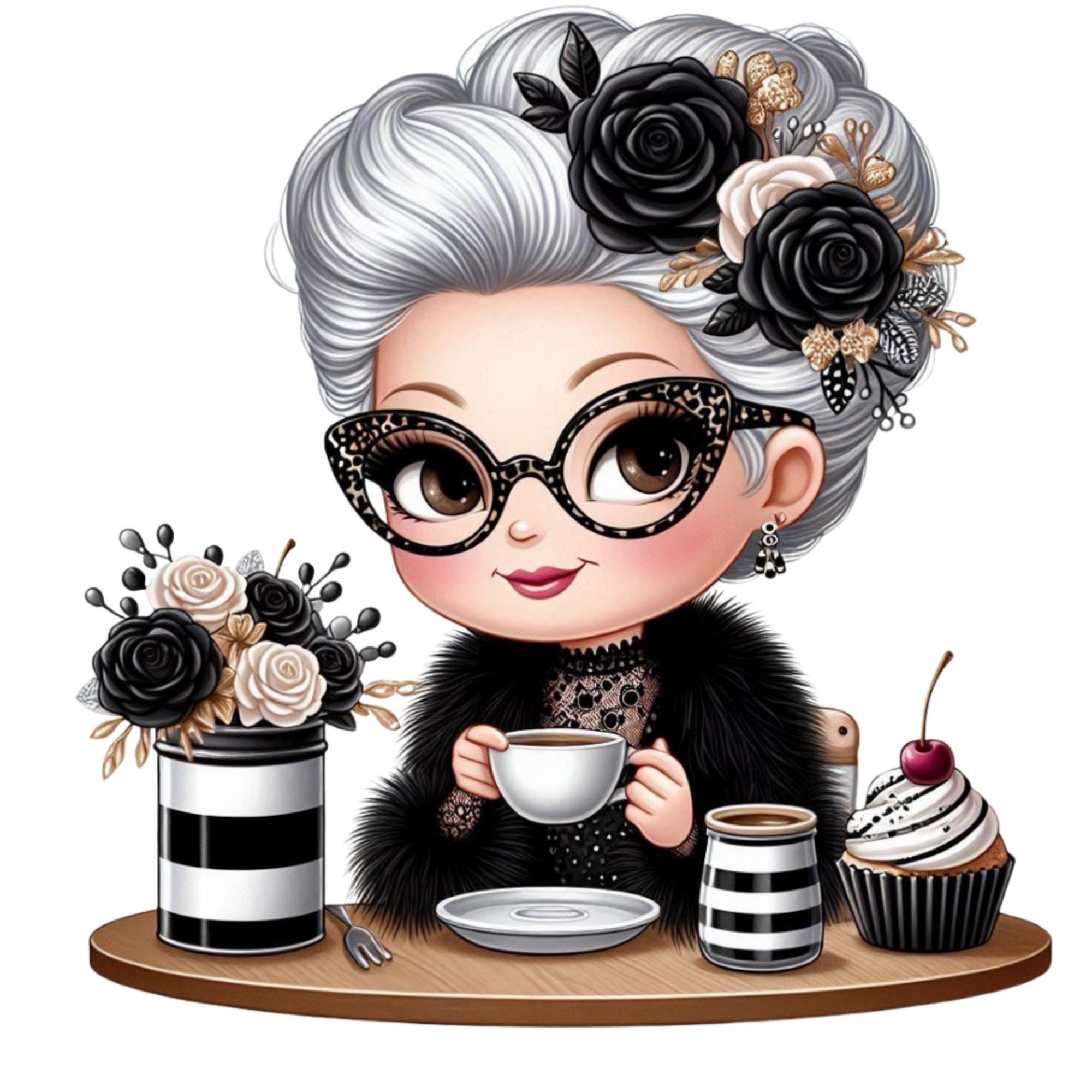 Watercolor Grandma Clipart, Senior Lady Drinking Tea PNG for Cards ...